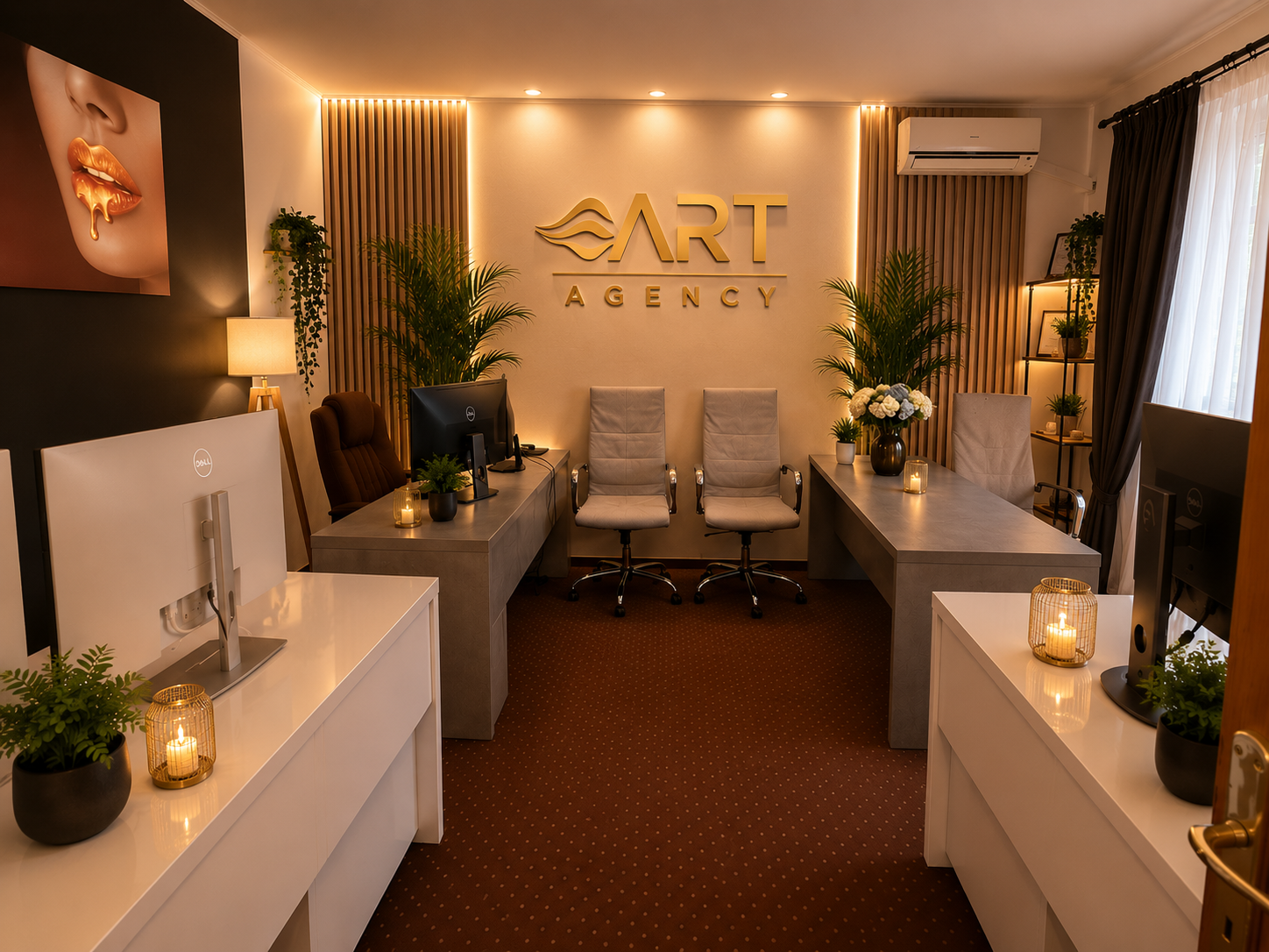 Birourile Art Agency, cu logo auriu pe perete