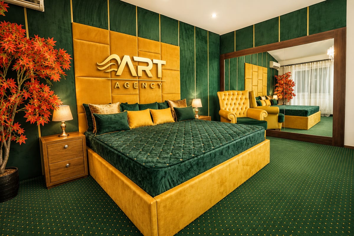 Cameră de videochat cu decor verde și auriu, studio videochat București