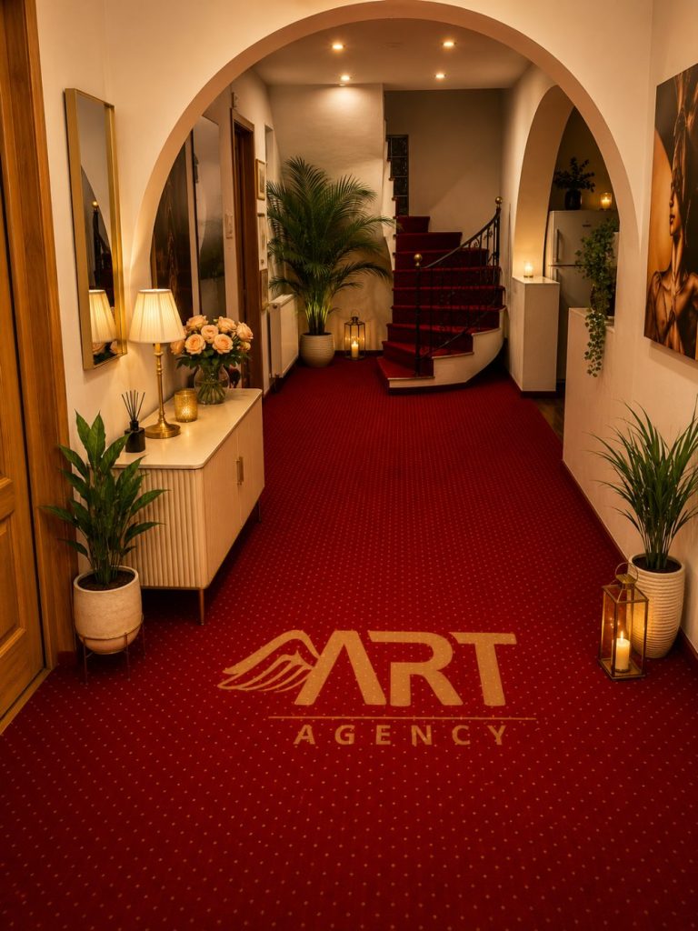Holul de la intrarea în studioul Art Agency din București, cu logoul studioului pe covor