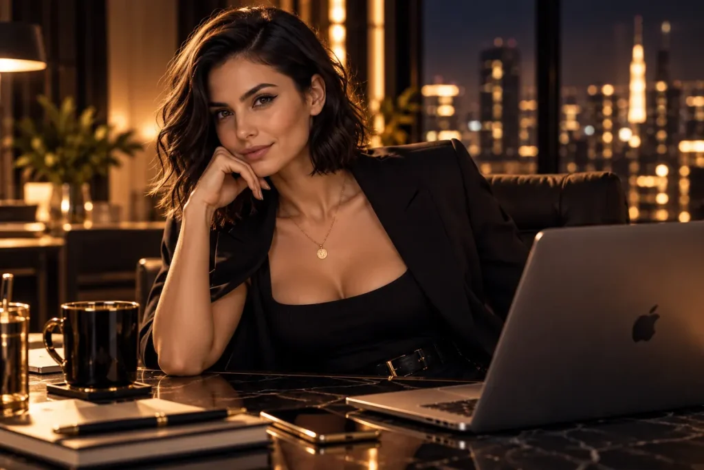 Ada, ambasadoarea virtuală Art Agency, la birou seara — imagine editorială generată, nu fotografie a studioului