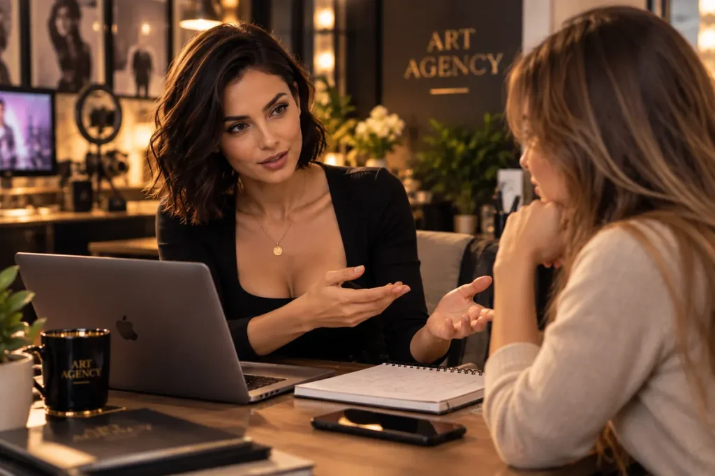 Ada în discuție cu o candidată Art Agency — imagine editorială generată, nu fotografie a studioului